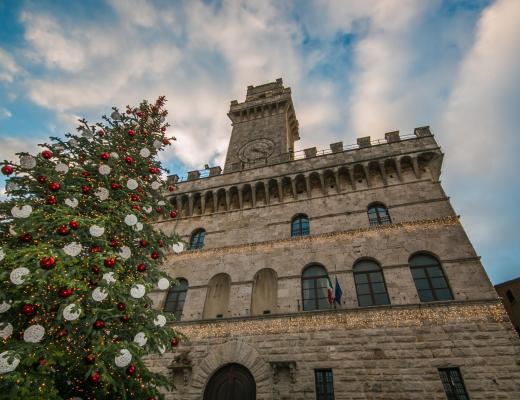 Albero di Natale decorato davanti a un edificio storico con una torre e orologio.